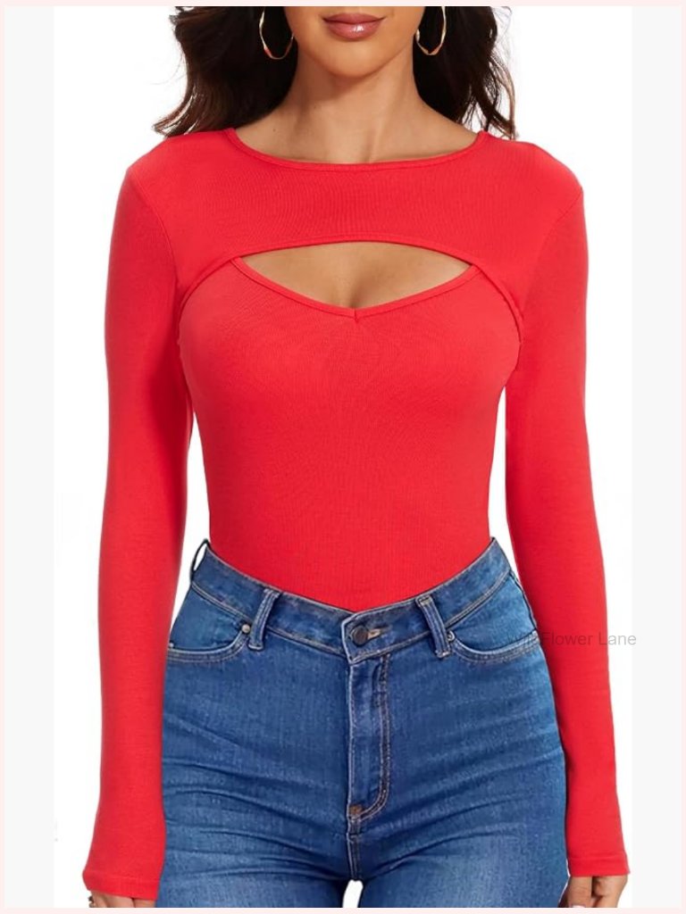 Sexy Cut Out Long Sleeve Ribbed Knit Fitted Tee T-Shirt Going Out Top